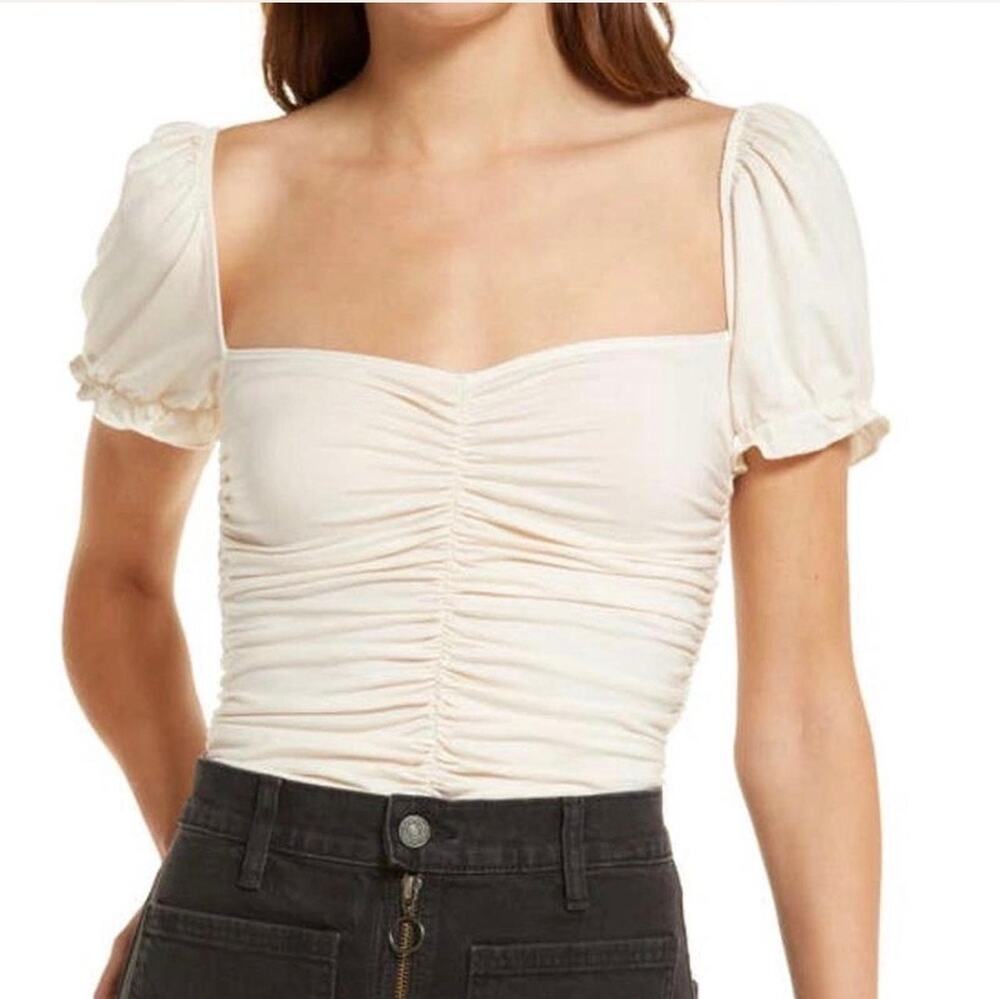Reformation Fallow Ruched Puff Sleeve Top — Cream